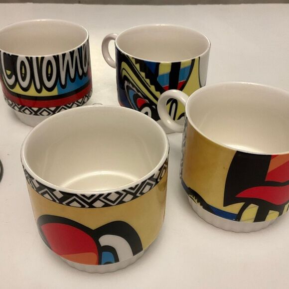 Vintage Columbia Toucan Stacking Coffee Cups. Set of 4 with Metal Holder - Picture 7 of 16